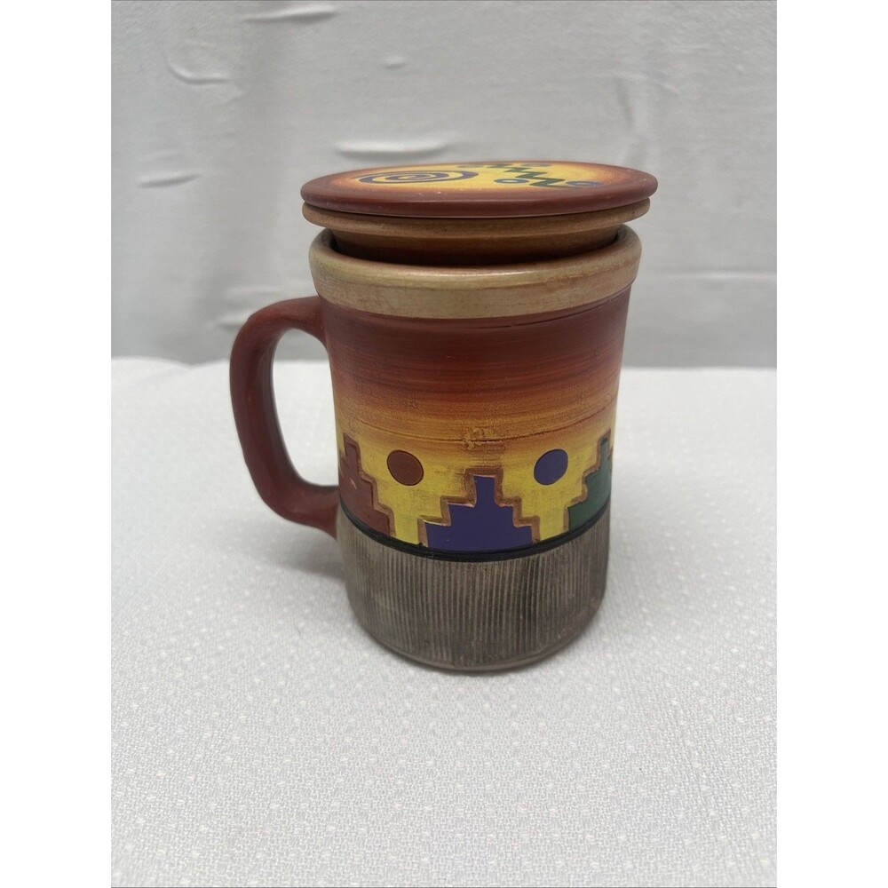 Artisan Stoneware Tea Coffee Mug Cup w/Infuser & Lid - 4” T Handmade Signed